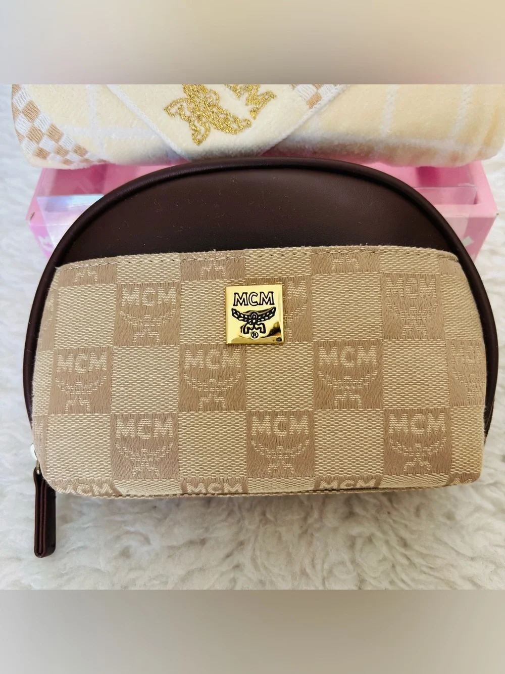 MCM Set of 2 Leather/Canvas Logo Cosmetic Pouch & Hand Towel Set